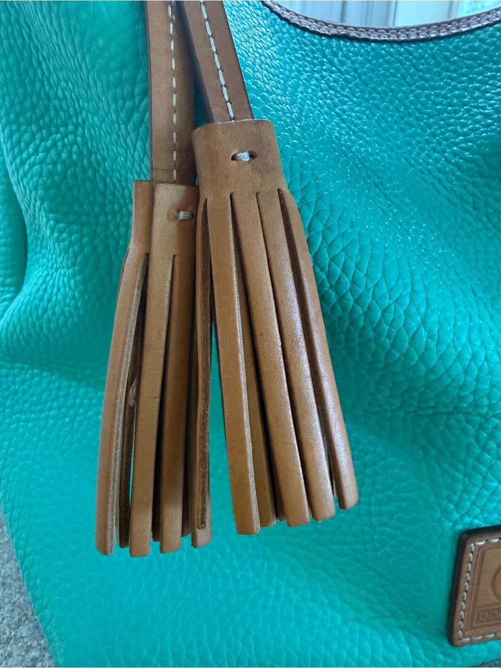 Dooney & Bourke Turquoise Pebbled Leather Shoulder Hobo bag w/ Tan Trim Tassel - Picture 3 of 16
